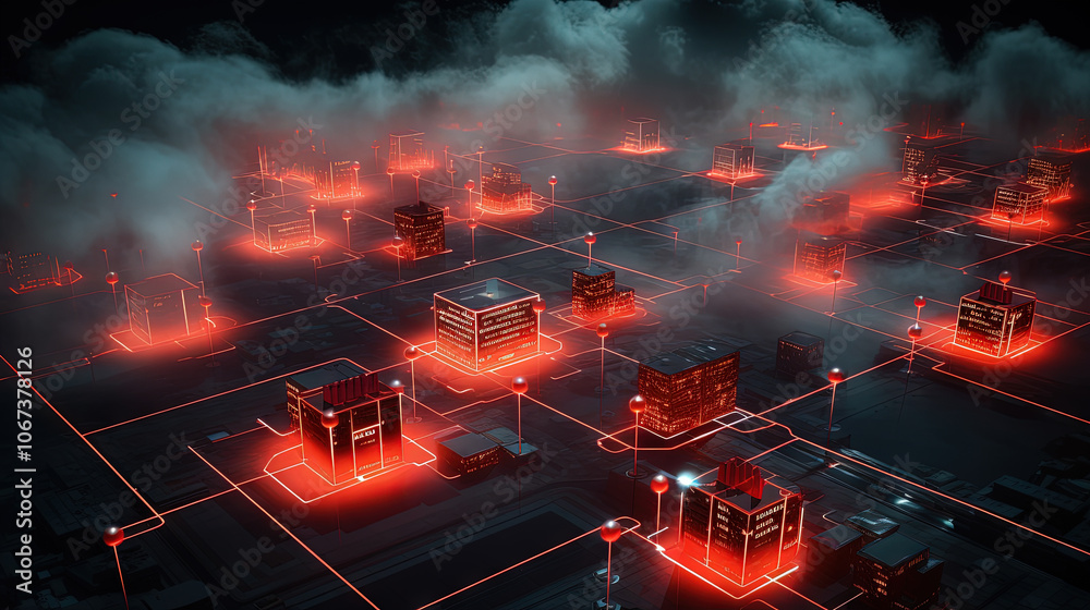 Poster concept of a digital city with cloud connections. futuristic network in the clouds