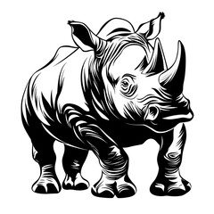 Fototapeta premium A black and white illustration of a rhinoceros, a powerful and majestic animal with a single horn.