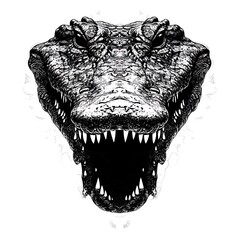 Naklejka premium A detailed black and white illustration of a crocodile's head with an open mouth and sharp teeth.