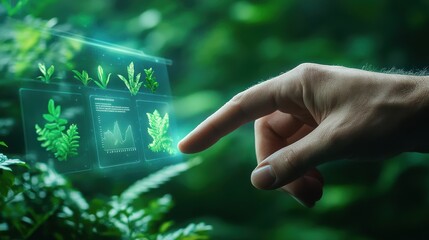 A hand interacts with a holographic display of plants in a lush, green environment, showcasing technology blending with nature.