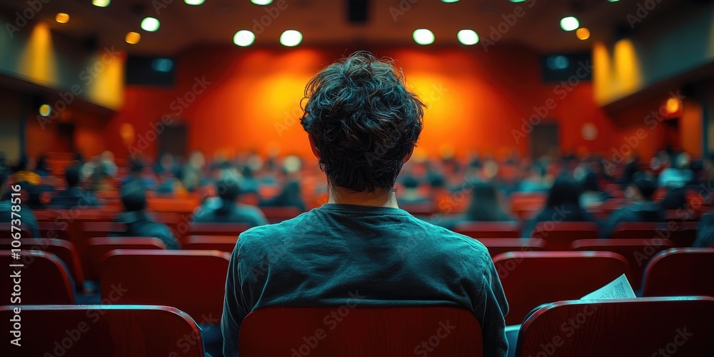 Fototapete an adult student attending an evening class, focused on notes, while a professor teaches in a softly