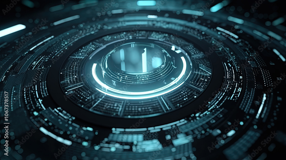 Poster Technology abstract background with hud styled round interface elements in neon tech light.