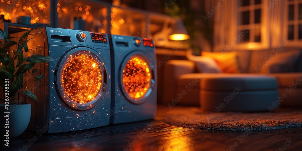 Poster A smart laundry room where the washing machine and dryer send alerts to a smartphone when their cycles are complete, emphasizing convenience and efficiency in daily chore