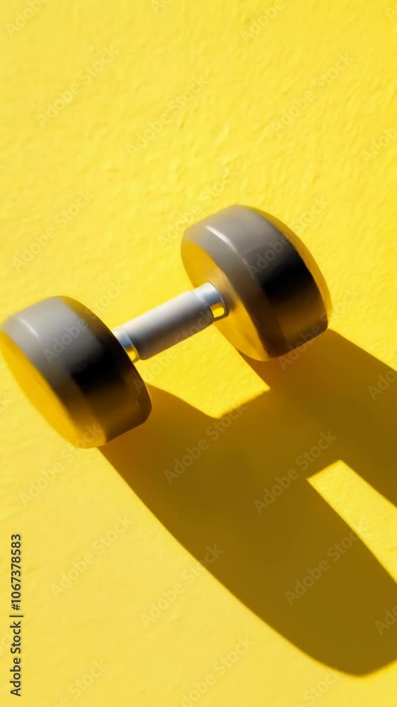 Poster Gray dumbbell casting a distinct shadow on a vibrant yellow textured background, creating a striking contrast and suggesting themes of fitness, strength training, and active lifestyle