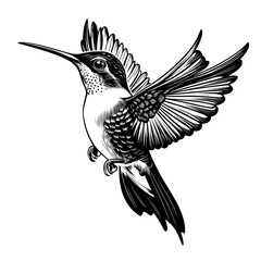 Obraz premium A detailed black and white illustration of a hummingbird in flight.