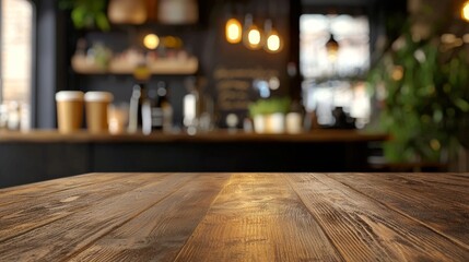 Wooden table in cozy cafe interior