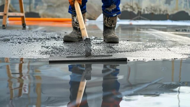 A worker using a bull float to smooth out the surface of the concrete creating a sleek and polished finish that will provide a solid base for the buildings floors.