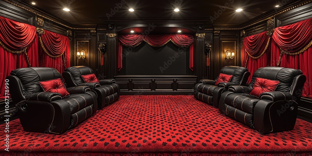Poster A state-of-the-art home theater setup with a smart TV, sound system, and projector, all operated via an app or voice commands, providing a seamless cinematic experience.