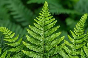 Obraz premium Close-up of a fern frond unfurling with dappled sunlight and surrounding ferns in the background, Fern frond with forest sunlight macro, Fresh and organic