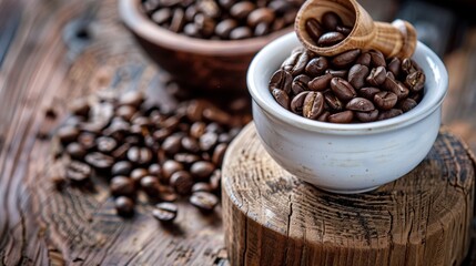 Fototapeta premium Rustic Coffee Beans in Ceramic Bowl on Wooden Table