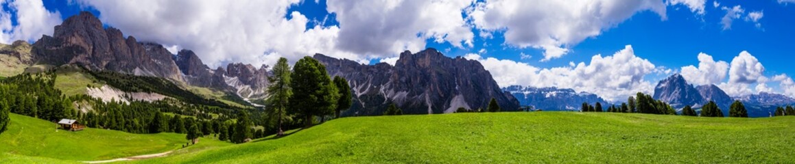 Breathtaking panorama of beautiful Alps mountains Dolomites, Val Gardena ski resort in south Tyrol in northern Italy. Alpine nature scenery.
