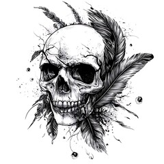 A black and white drawing of a skull with feathers.
