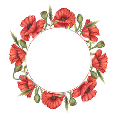 Red poppy flowers wreath round frame. Memorial Day, Anzac in Australia template. Meadow wild blossom, field blooming. Hand drawn watercolor illustration isolated background. Remember and honor.