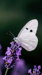 Naklejka premium Macro shot of a butterfly perched on a lavender flower, with an open field environment in the background, Butterfly on lavender with field background macro, Soft and pastoral