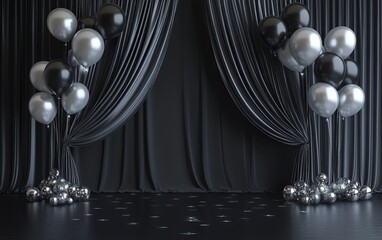 A stylish event setup featuring black and silver balloons, draped curtains, and a polished floor, perfect for celebrations or parties.