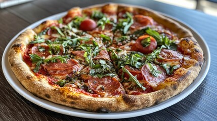 Delicious Pepperoni Pizza with Arugula and Pesto.