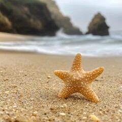 A tiny starfish sits on the sandy beach, with the ocean behind it.
