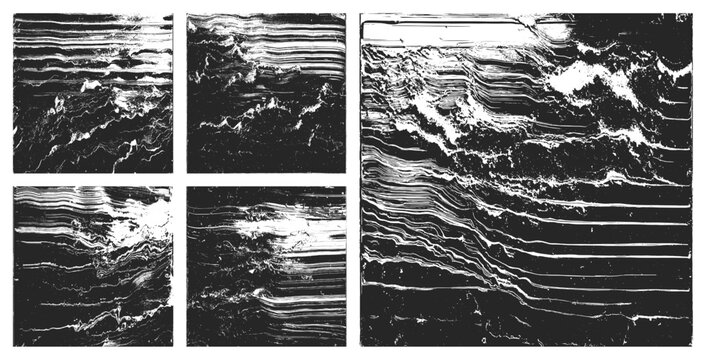Black and White Wrinkled Material Structure Grunge Textures Vector Set Abstract Background. Wrinkled Textured Photocopy Paper Surface Design Elements Clip Art Bundle. Mod Backdrops for Design Projects