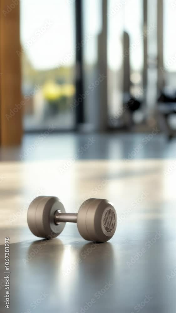 Poster Single dumbbell lies on the polished floor of a brightly lit, empty gym, sunlight streaming in through a large window, creating a serene and inviting atmosphere for a workout