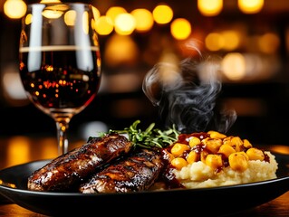 Bangers and mash, traditional London pub interior