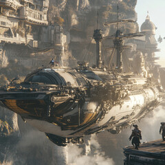 "Pirates in the future, navigating the stars aboard a sleek, futuristic vessel, hunting for treasures beyond Earth."