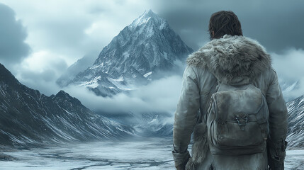 A lone hiker stands before a majestic snow-capped mountain range, gazing at the vast, icy landscape.