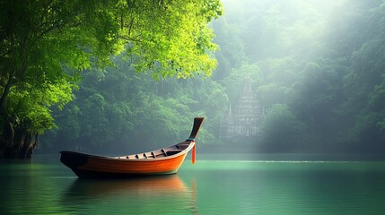 Embracing the Tranquility of Thailand: A Traditional Boat Journey Surrounded by Nature and Spirituality.Concept of traditional Thai culture,  peaceful tourism, spiritual journey, historical heritage.