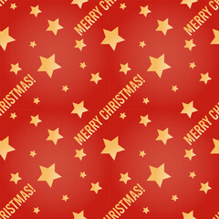 Christmas seamless pattern with gold lettering and stars on a red background. Print, vector illustration