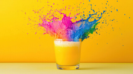 Colorful splash of liquid from glass on vibrant yellow background.