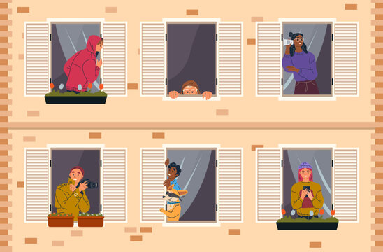 People character peeping, secret spying, observing or looking through camera. Curiosity person hiding in window or door, eavesdrop on neighbors. Funny curious peeking housemate searching for something