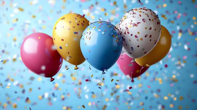 Colorful balloons with confetti against a blue background.
