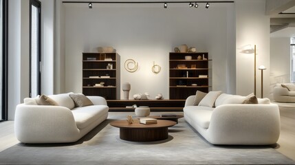 Modern Living Room with White Sofas, Wooden Bookshelves and Coffee Table