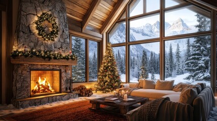 Fototapeta premium Cozy Winter Cabin Interior with Fireplace and Candlelit Christmas Decorations Overlooking Snow-Covered Mountain Landscape Through Rustic Window at Sunset, for lof-fi music