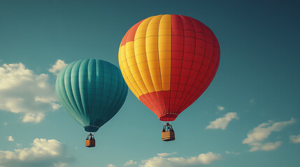 Obraz premium Two colorful hot air balloons ascend against a bright blue sky with fluffy white clouds.