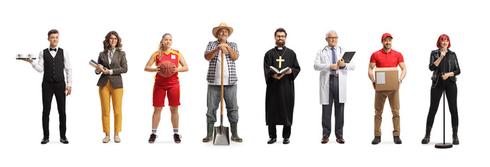 People of different professions posing in a line
