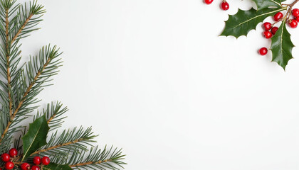 Flat lay Red holly berries and green branches on white background winter natural decoration botanical festive