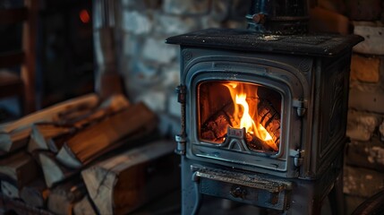 Cozy Wood Burning Stove with Firewood and Stone Wall - Rustic Home Interior Design