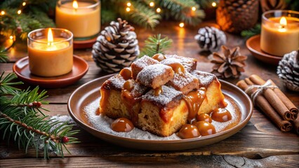 Festive bread pudding topped with caramel and powdered sugar on a cozy table