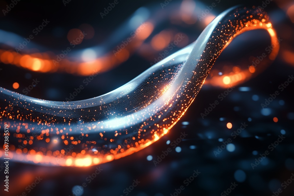 Poster abstract glowing lines with orange and blue particles in a dark background creating a mesmerizing vi
