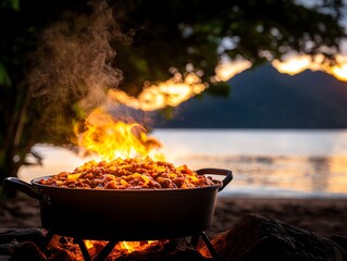 Feijoada complete spread, Rio de Janeiro beach backdrop