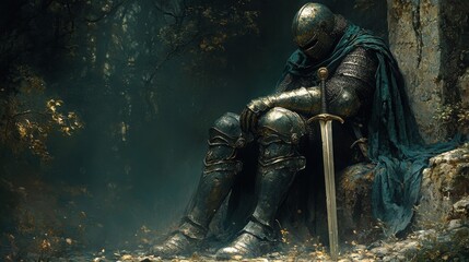 A lone knight in full armor sits with his head down, seemingly lost in thought, in a dark and foggy forest.