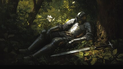 Fototapeta premium A knight in full armor rests peacefully beneath the shade of a tree in a lush forest, his sword lying beside him.