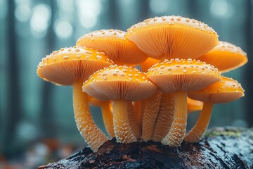Cluster of vibrant orange mushrooms in a mystical forest setting.