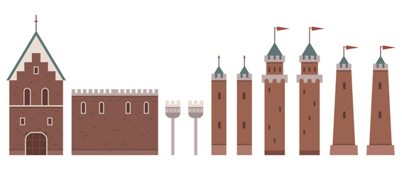 A simplistic depiction of a medieval European castle featuring various towers with colorful flags on the turrets. Ideal for historical, architectural, educational, fantasy, tourism themes. Calming © robu_s