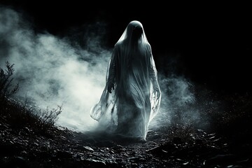 A ghostly figure shrouded in mist walks a lonely path at night.