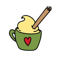 Vector illustration. Hot drink with cream and cinnamon, in a green mug with a heart. Cartoon design element