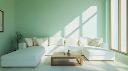 Modern Living Room with White Sectional Sofa and Wooden Coffee Table
