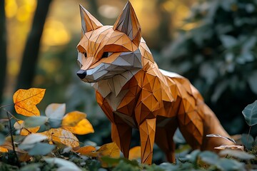 An origami fox crafted from paper stands amidst an autumnal forest setting.