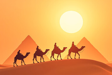 camel caravan on a sand dune against the background of pyramids and a large solar disk