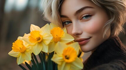 Photography of a woman cradling a bunch of yellow daffodils, her face close to the blooms, a soft, joyful smile on her face, capturing the warmth of spring, 4k resolution, Plain background, cinematic